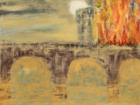 Hugo Correa, El puente en llamas, acrílico sobre tela, 120 x 120 cm., 2024
